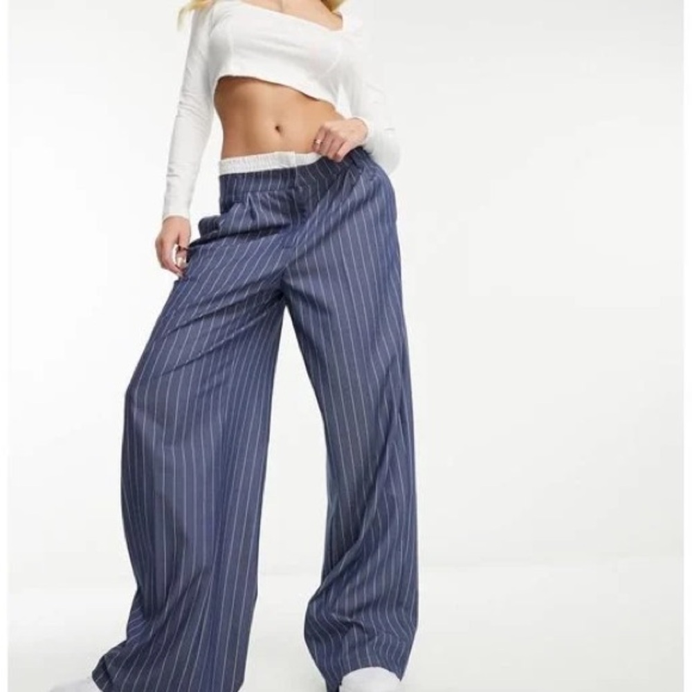 Bershka Navy Striped Wide Leg Pants